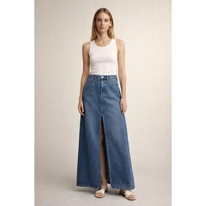 We The Free Come As You Are Denim Maxi Skirt Blue Front Slit Size 4 Free People